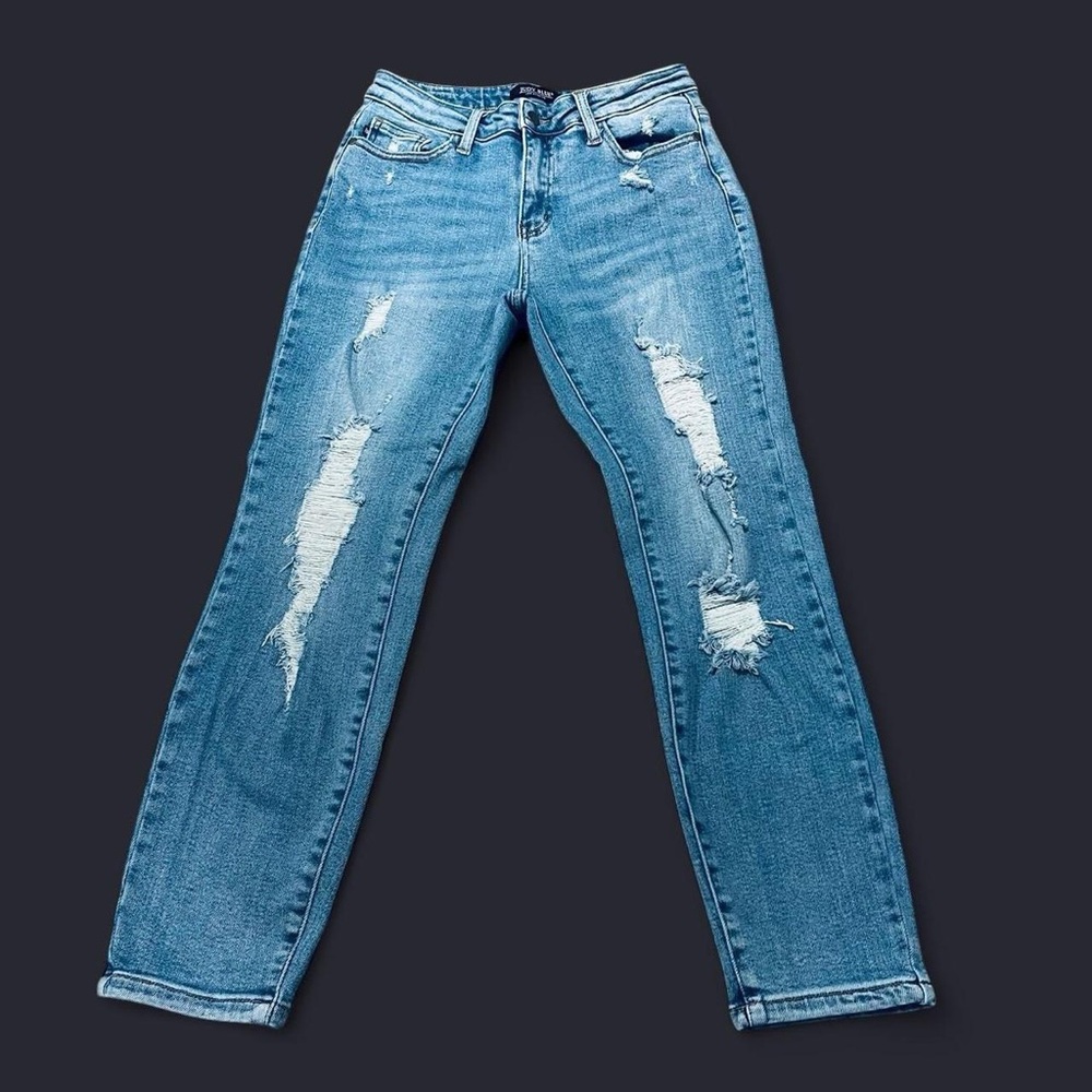 High-Waisted Distressed Straight Leg Blue Jeans 7/28